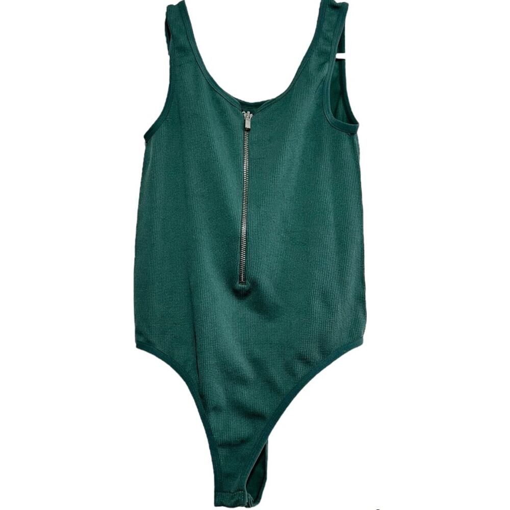 Miss Valley Bodysuit Sleeveless Crewneck Zip Front Ribbed Knit Green S/M